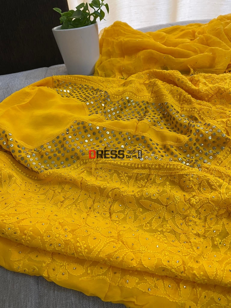 Haldi Yellow Mukaish Neckline Chikankari Kurta Dupatta Suits