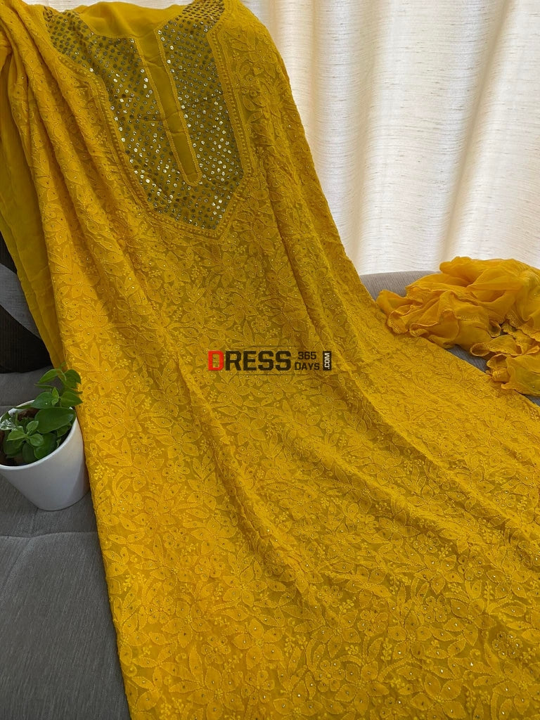 Haldi Yellow Mukaish Neckline Chikankari Kurta Dupatta Suits