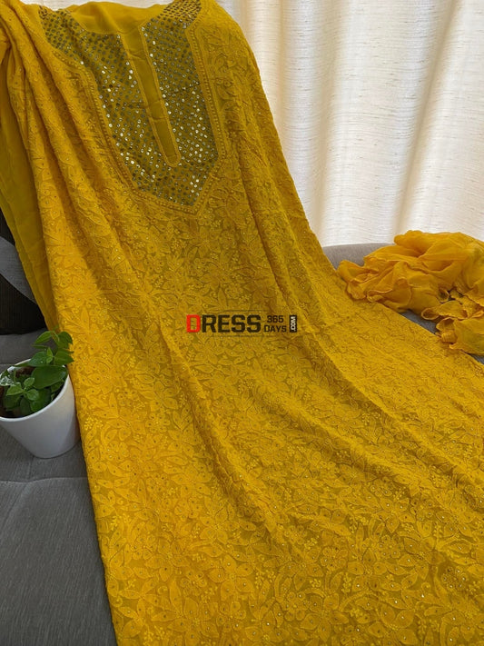 Haldi Yellow Mukaish Neckline Chikankari Kurta Dupatta Suits