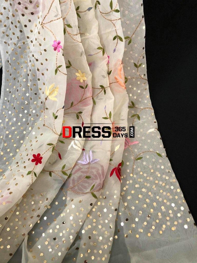 Hand Crafted Parsi Gara Mukaish Dupatta Chikankari