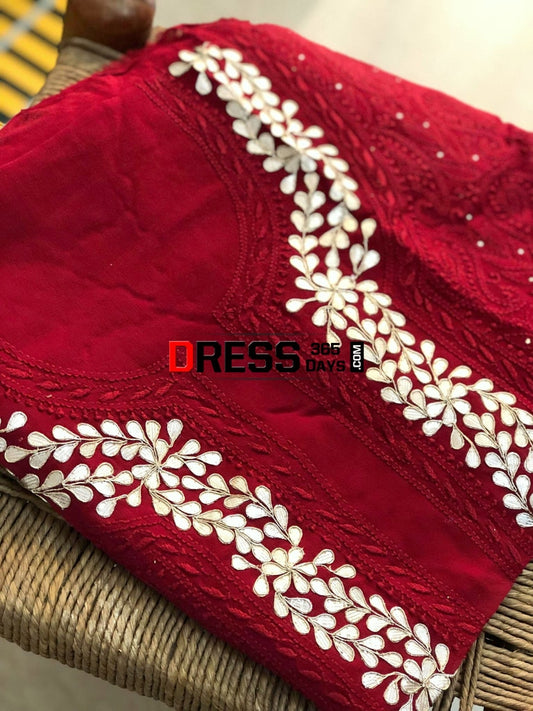 Hand Crafted Red Chikankari Suit With Gota Patti Neckline Suits