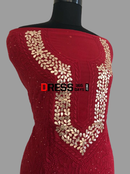 Hand Crafted Red Chikankari Suit with Gota Patti Neckline - Eid Collection
