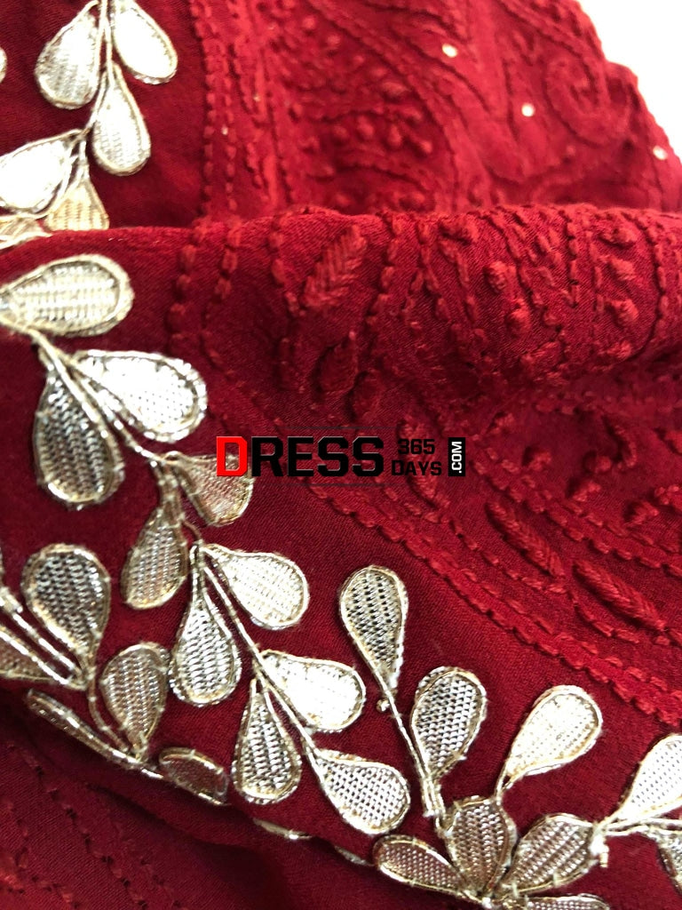 Hand Crafted Red Chikankari Suit With Gota Patti Neckline Suits