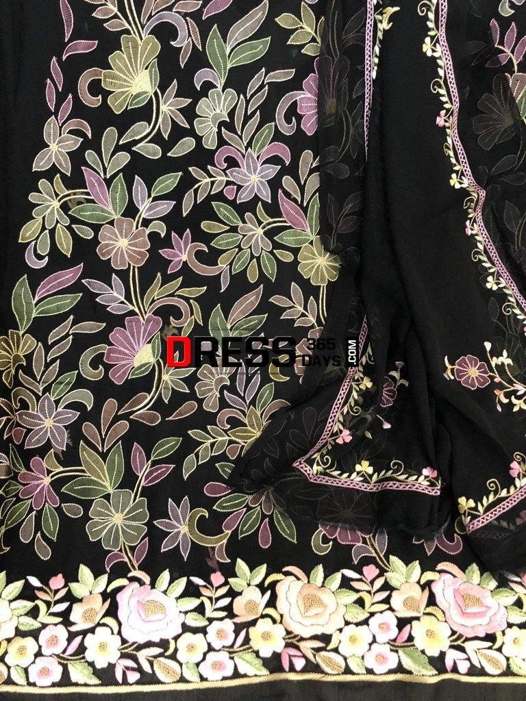 Hand Embroidered Black Parsi Gara Chikankari Suit (Three Piece) Suits