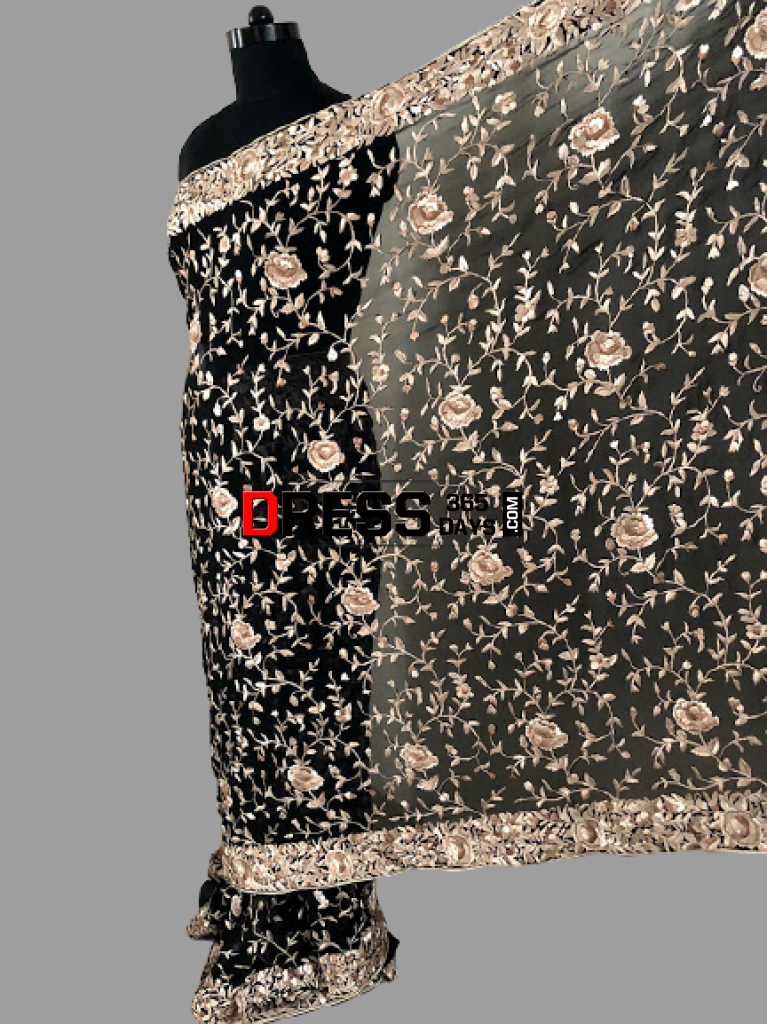 Hand Embroidered Black Parsi Gara Saree