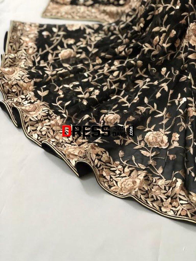Hand Embroidered Black Parsi Gara Saree