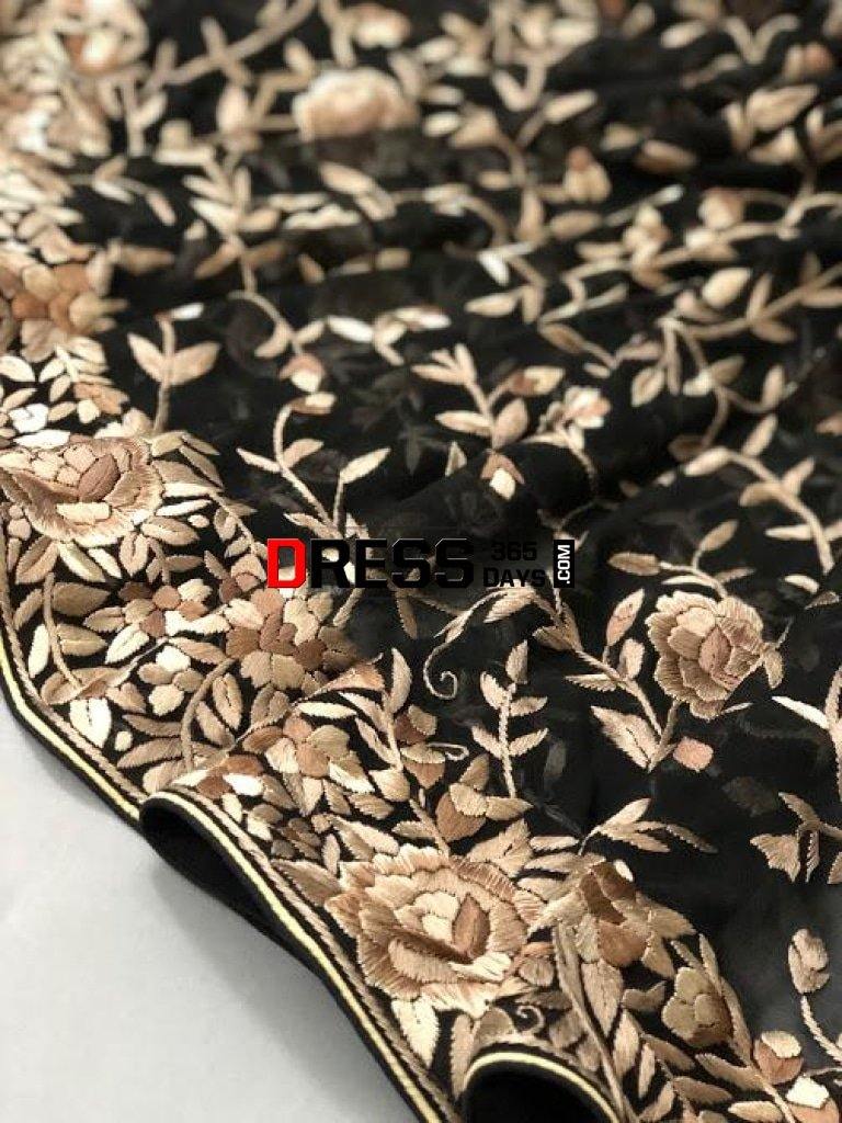 Hand Embroidered Black Parsi Gara Saree