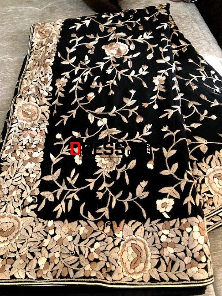 Hand Embroidered Black Parsi Gara Saree