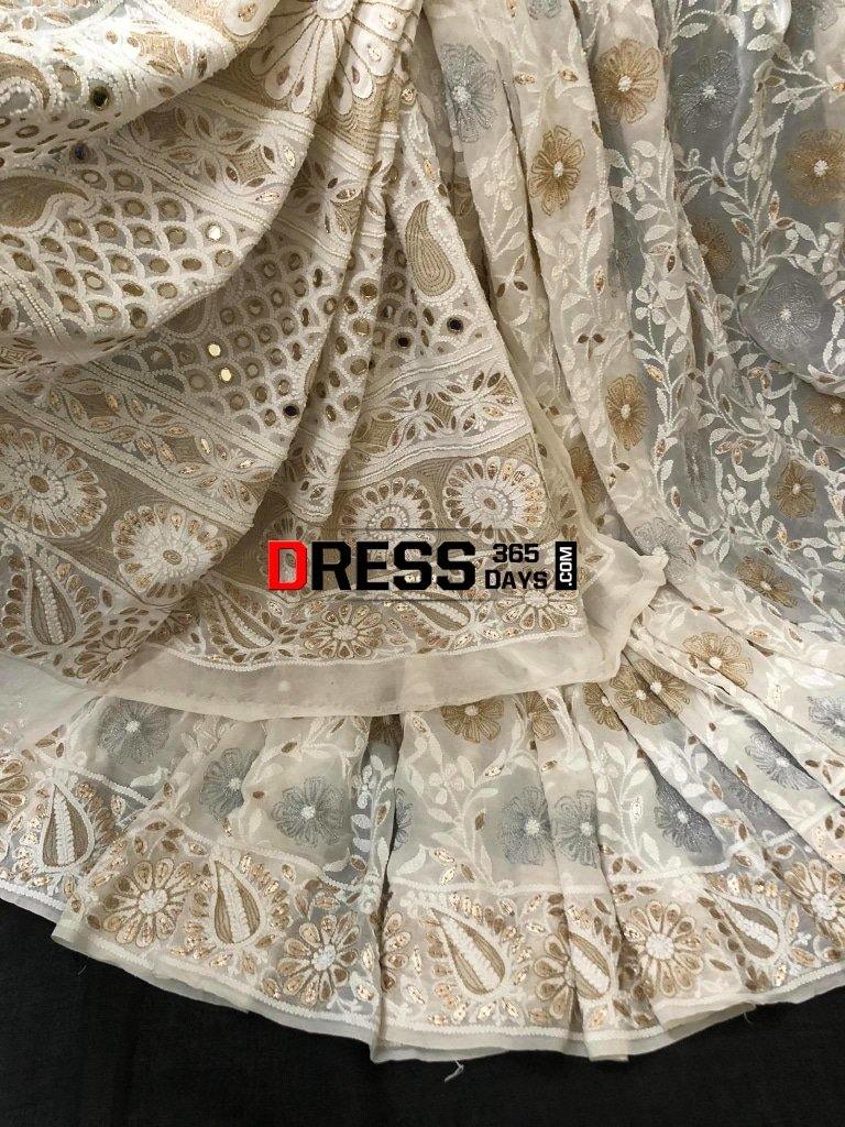 Hand Embroidered Chikankari Gota Patti And Mirror Work Saree