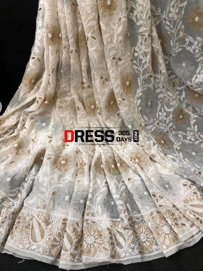 Hand Embroidered Chikankari Gota Patti And Mirror Work Saree