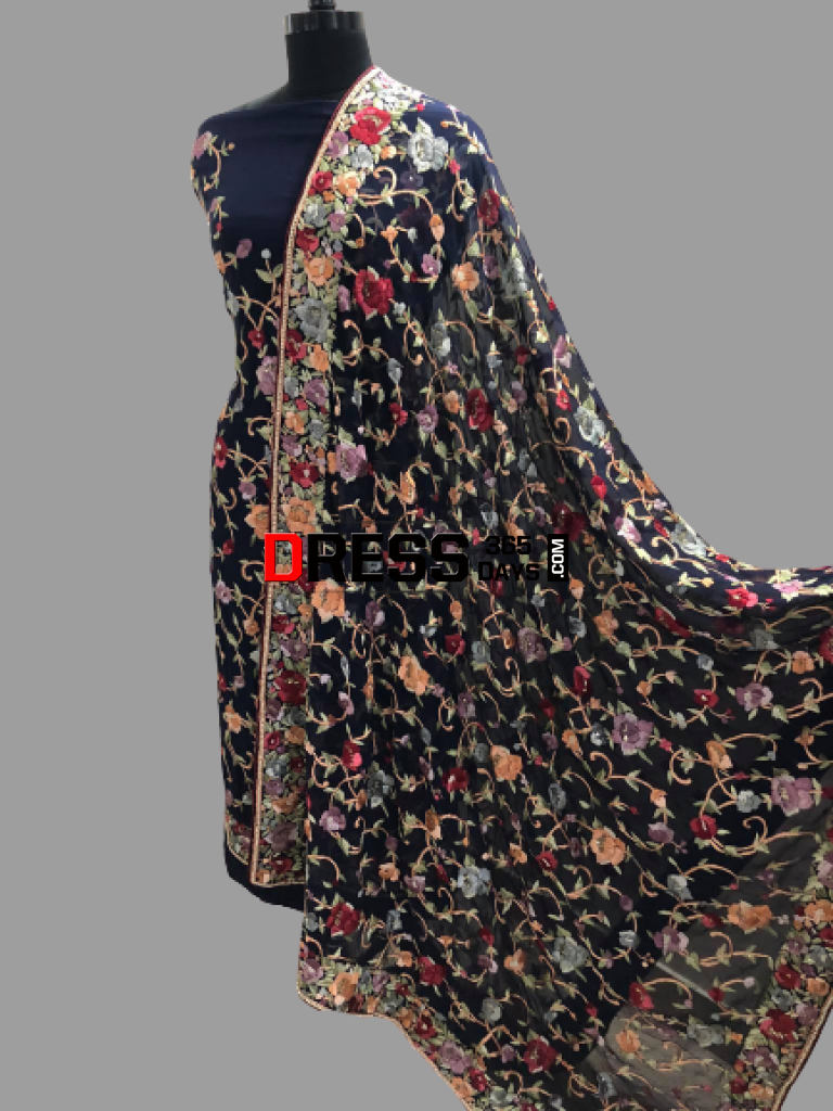 Hand Embroidered Crepe Parsi Gara Three Piece Suit Suits