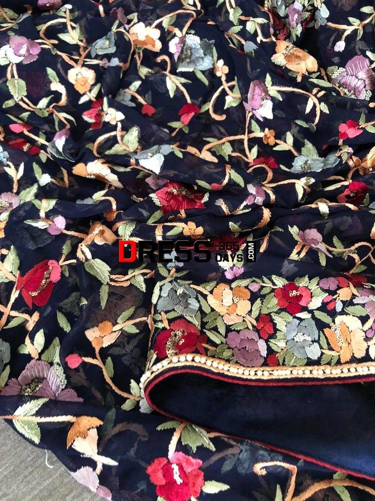Hand Embroidered Crepe Parsi Gara Three Piece Suit Suits