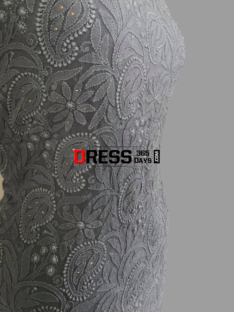 Hand Embroidered Grey Chikankari And Parsi Gara Suit (Three Piece) Suits