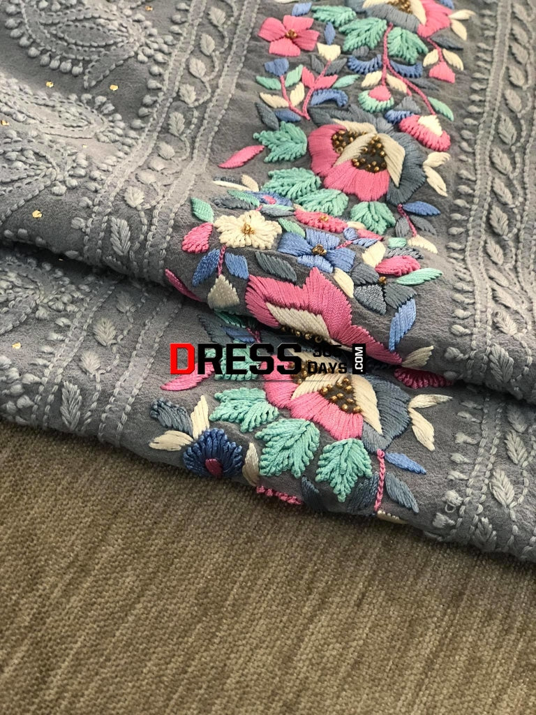 Hand Embroidered Grey Chikankari And Parsi Gara Suit (Three Piece) Suits