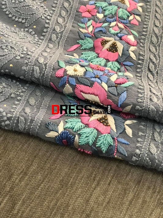 Hand Embroidered Grey Chikankari And Parsi Gara Suit (Three Piece) Suits