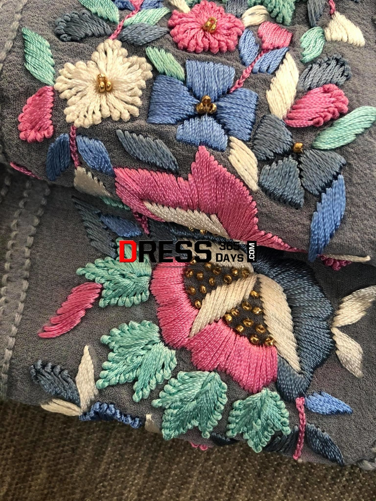 Hand Embroidered Grey Chikankari And Parsi Gara Suit (Three Piece) Suits