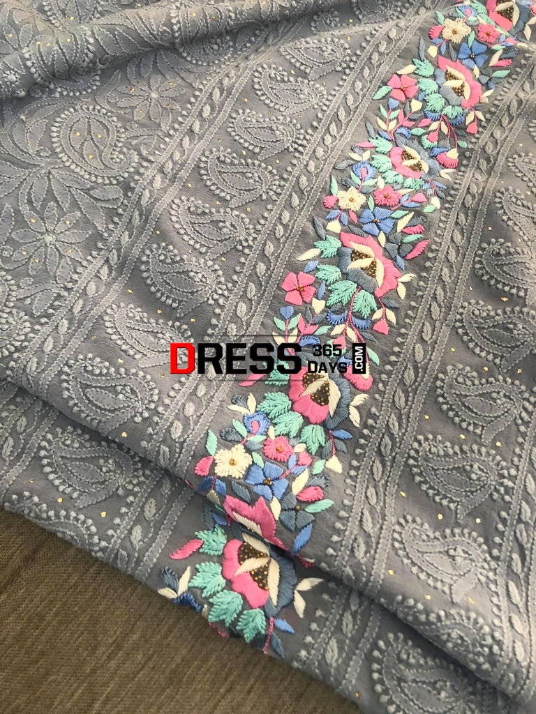 Hand Embroidered Grey Chikankari And Parsi Gara Suit (Three Piece) Suits