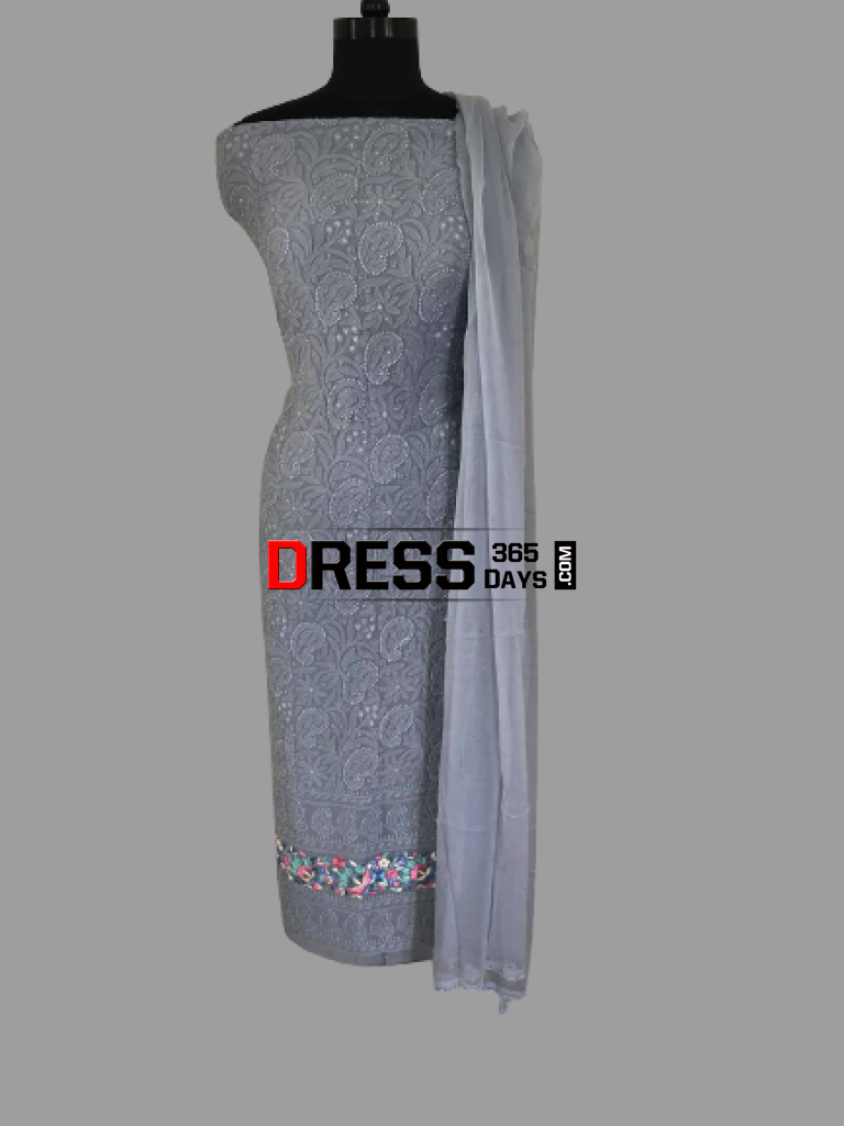 Hand Embroidered Grey Chikankari And Parsi Gara Suit (Three Piece) Suits