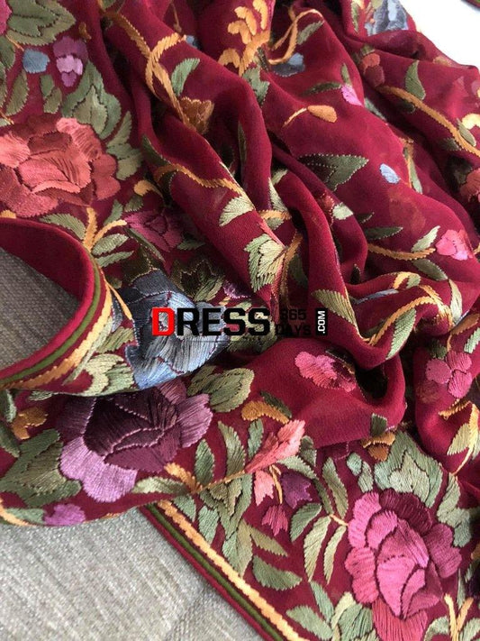 Hand Embroidered Maroon Parsi Gara Suit (Three Piece) Suits