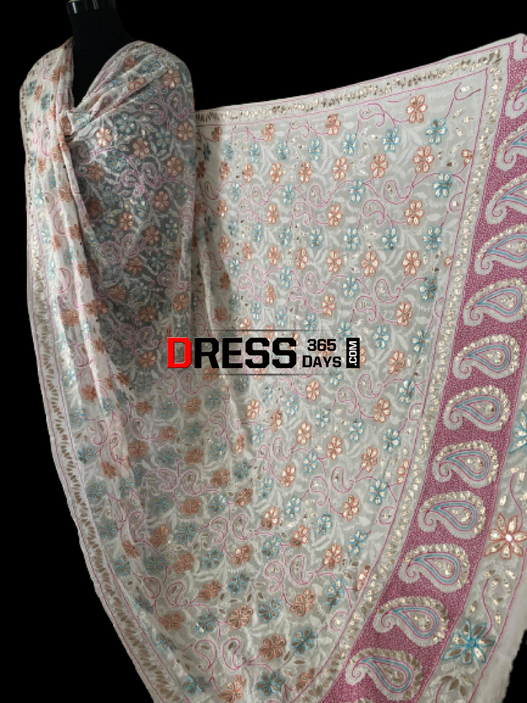 Hand Embroidered Multicolour Chikankari Gota Patti Dupatta