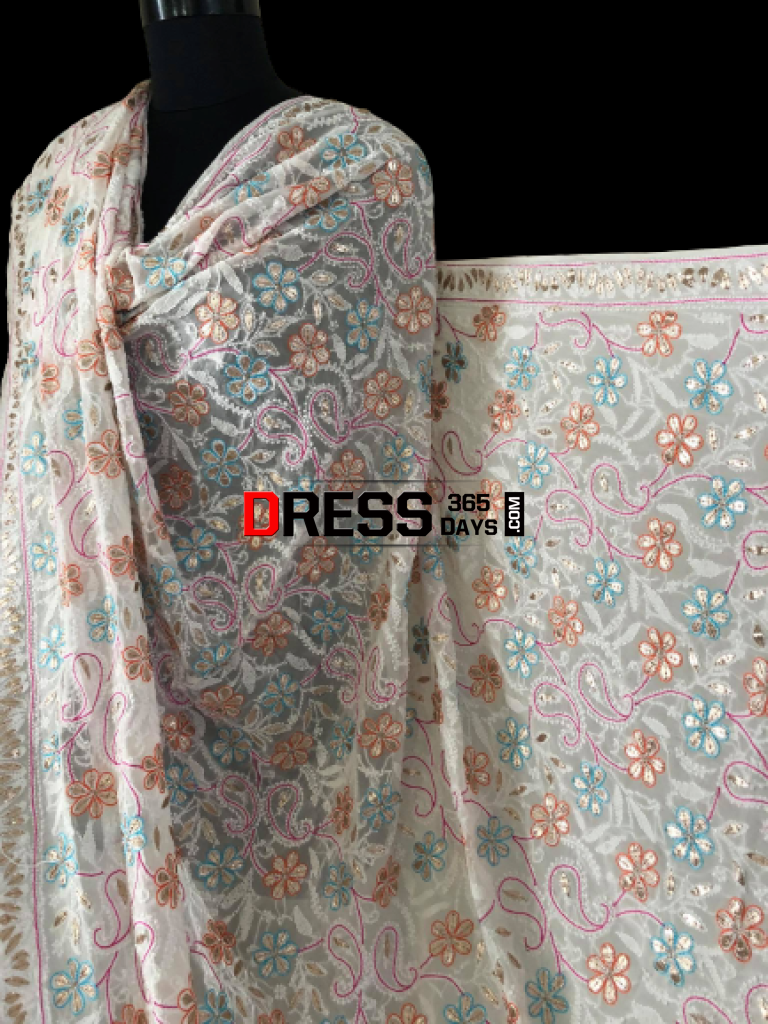 Hand Embroidered Multicolour Chikankari Gota Patti Dupatta