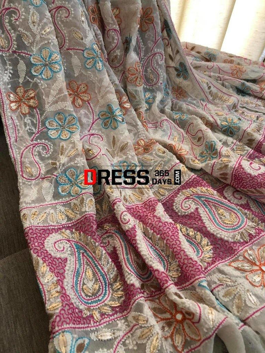 Hand Embroidered Multicolour Chikankari Gota Patti Dupatta