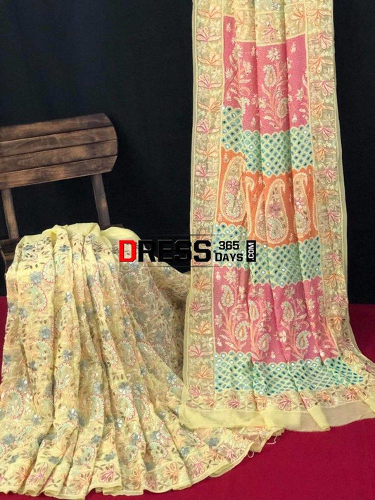 Hand Embroidered Multicolour Chikankari Gota Patti Saree