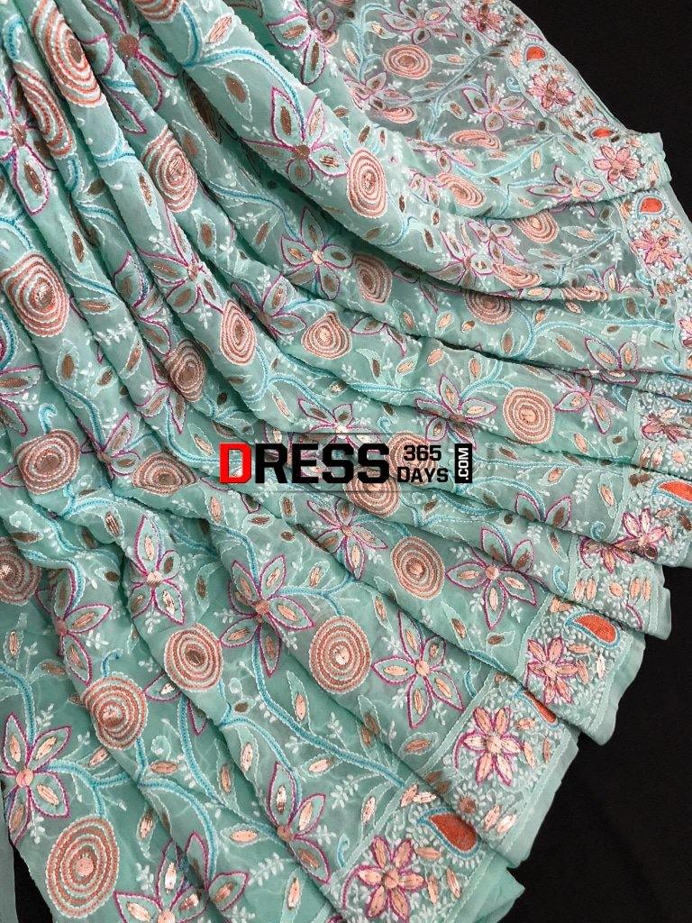 Hand Embroidered Multicolour Chikankari Saree With Gota Patti