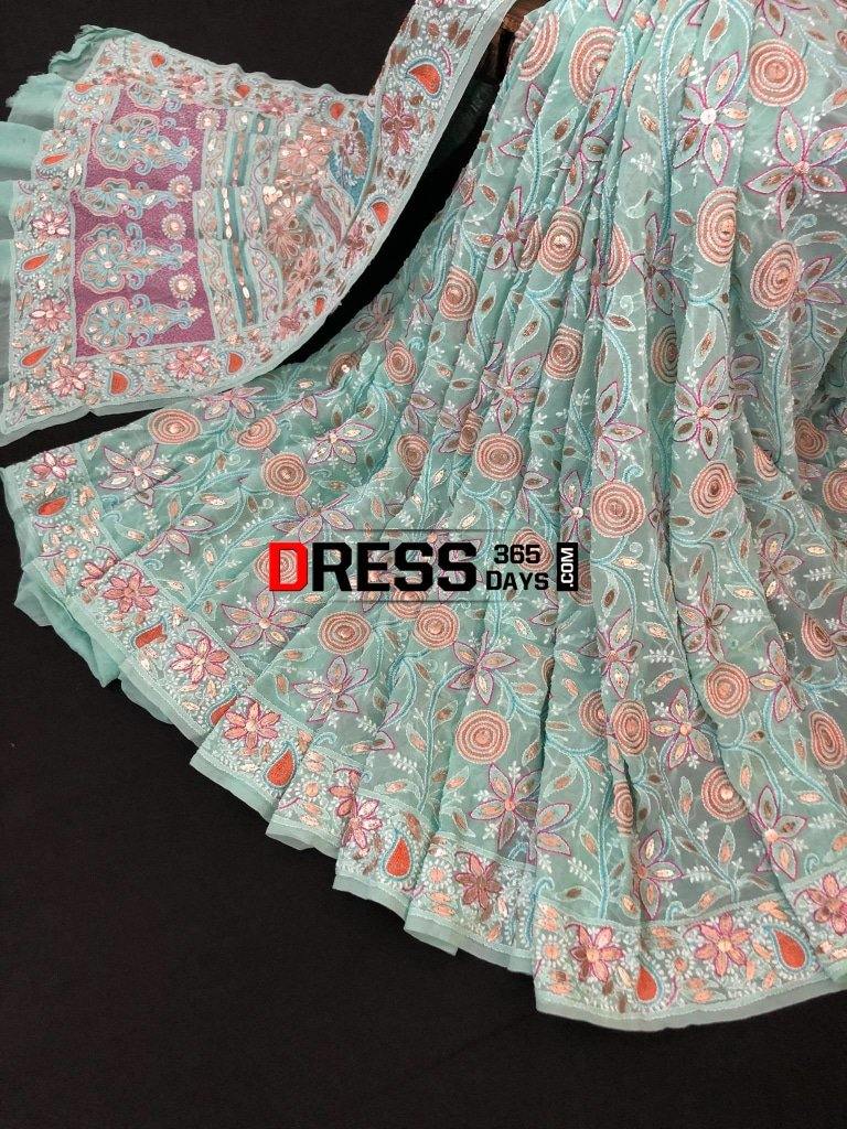 Hand Embroidered Multicolour Chikankari Saree With Gota Patti