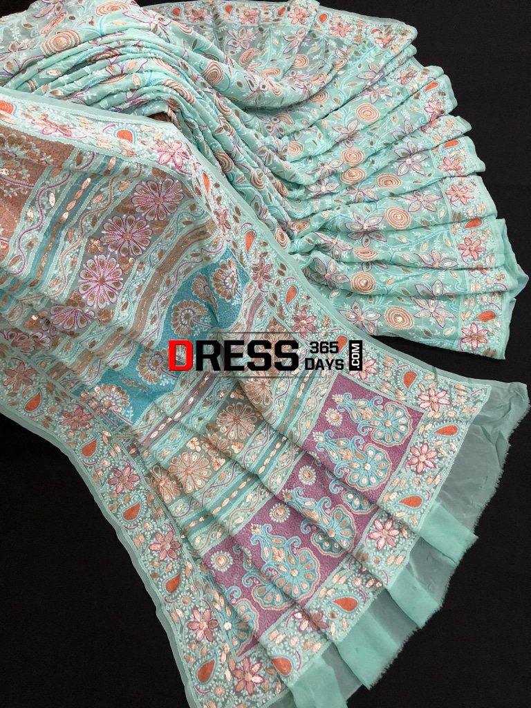 Hand Embroidered Multicolour Chikankari Saree With Gota Patti