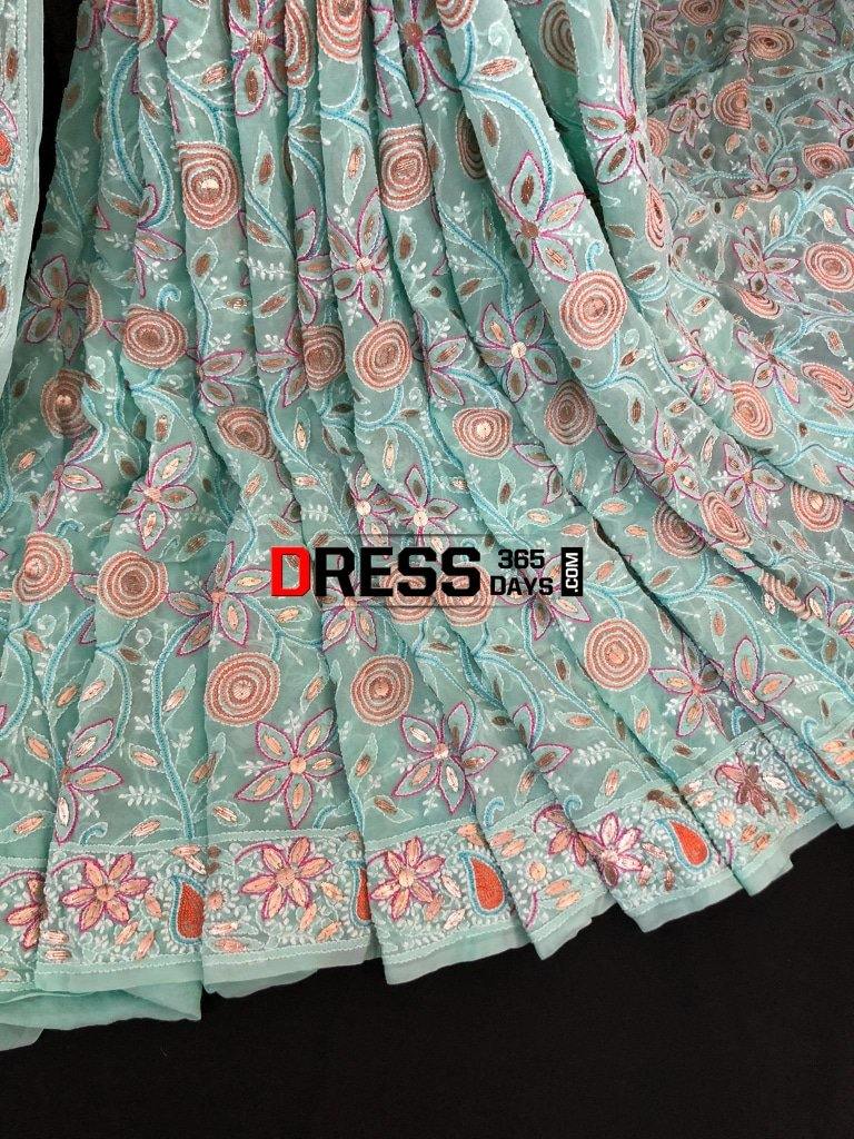 Hand Embroidered Multicolour Chikankari Saree With Gota Patti