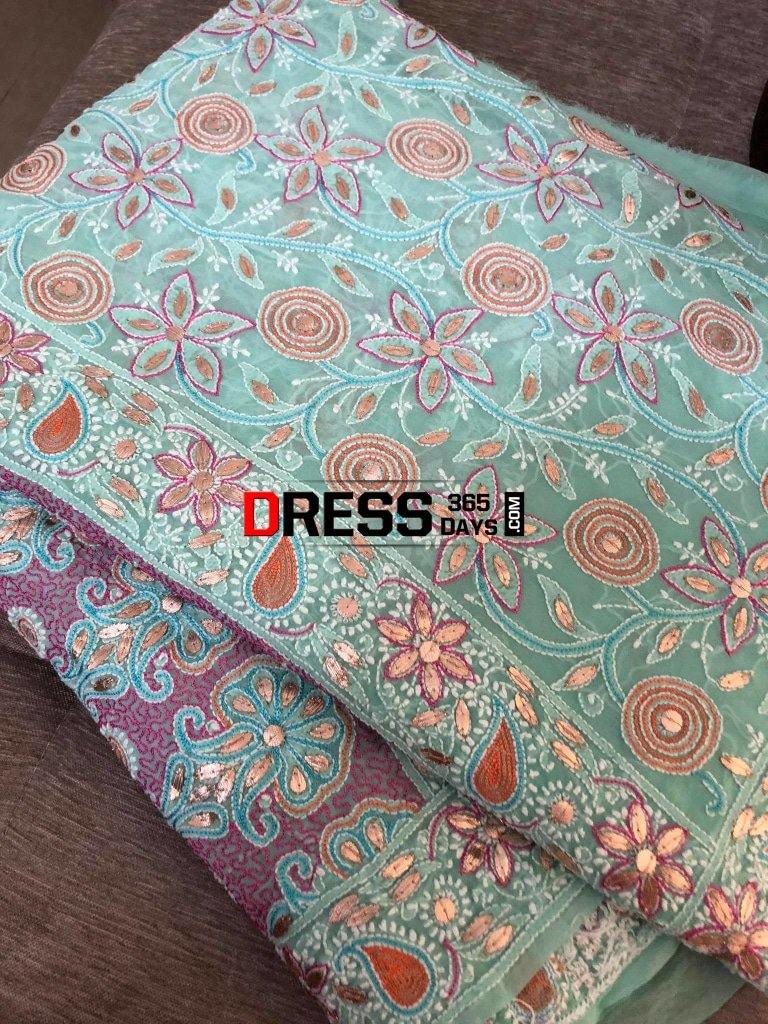 Hand Embroidered Multicolour Chikankari Saree With Gota Patti