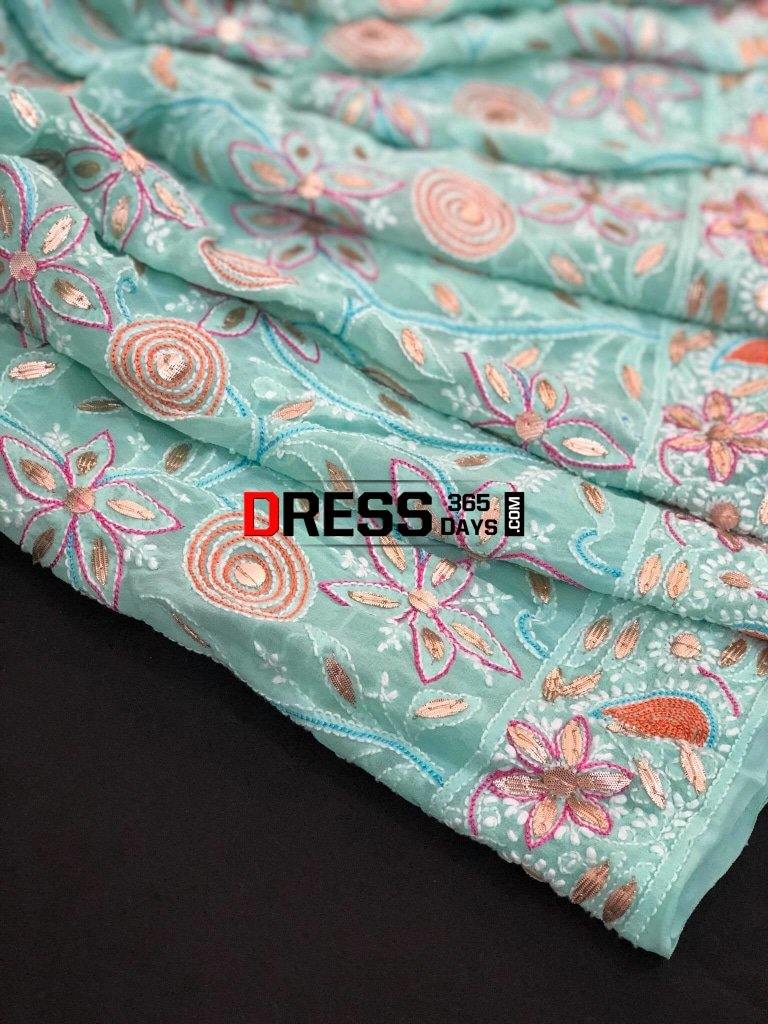 Hand Embroidered Multicolour Chikankari Saree With Gota Patti