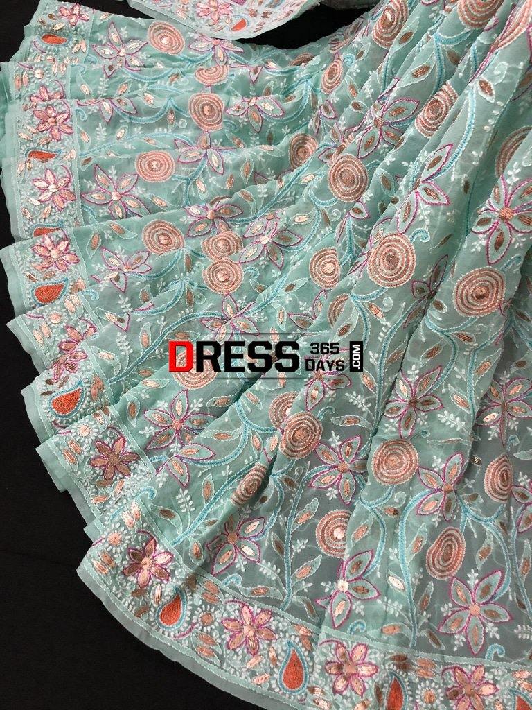 Hand Embroidered Multicolour Chikankari Saree With Gota Patti