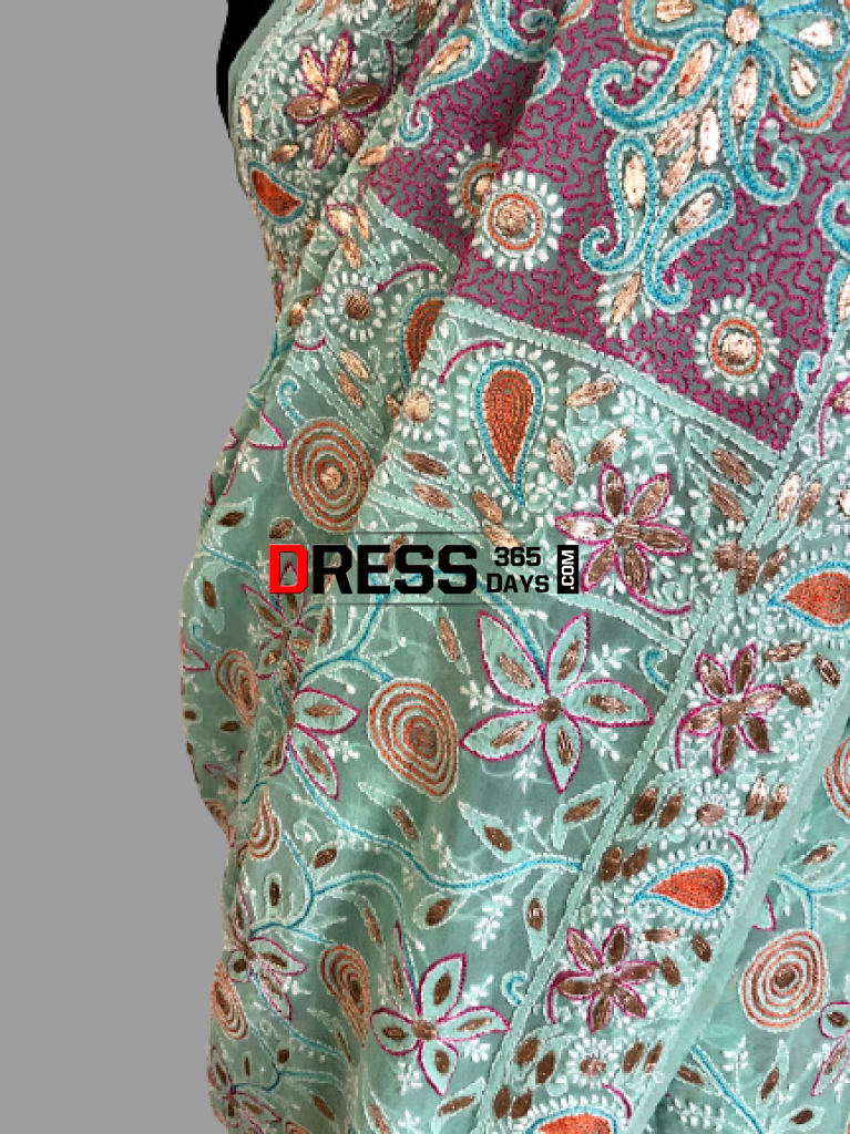 Hand Embroidered Multicolour Chikankari Saree With Gota Patti