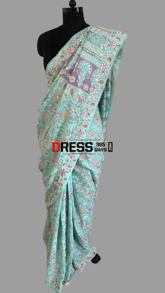 Hand Embroidered Multicolour Chikankari Saree With Gota Patti
