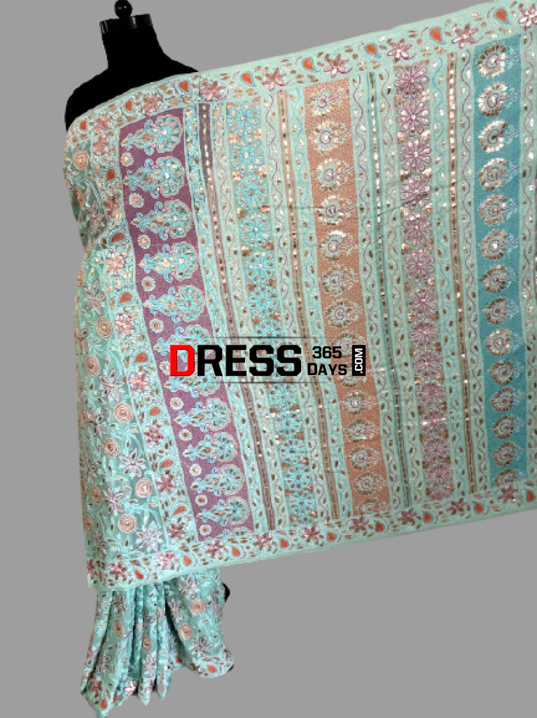 Hand Embroidered Multicolour Chikankari Saree With Gota Patti