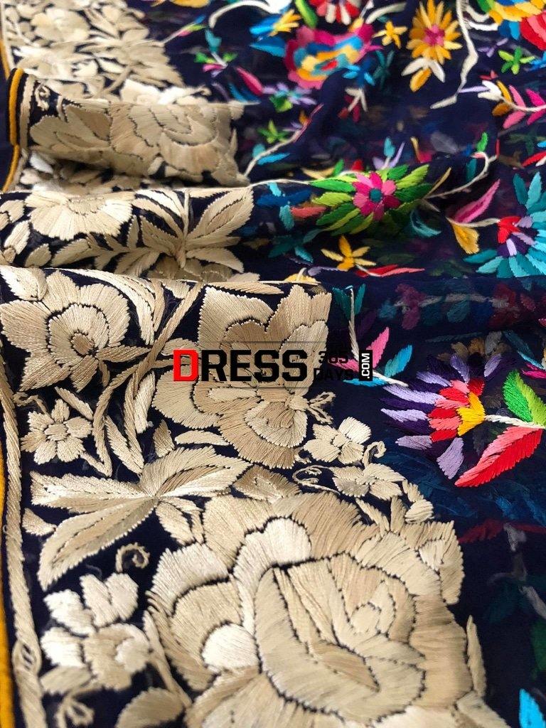 Hand Embroidered Multicolour Parsi Gara Dupatta (Navy)