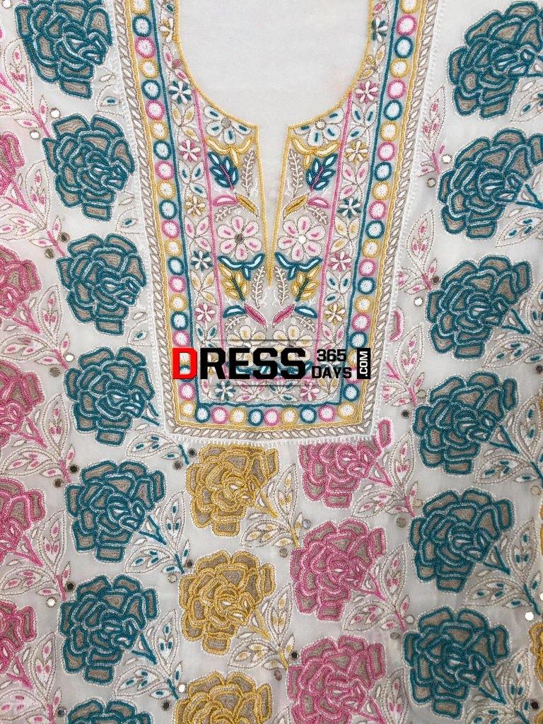 Hand Embroidered Multicolour Pearls Chikankari Suit Suits
