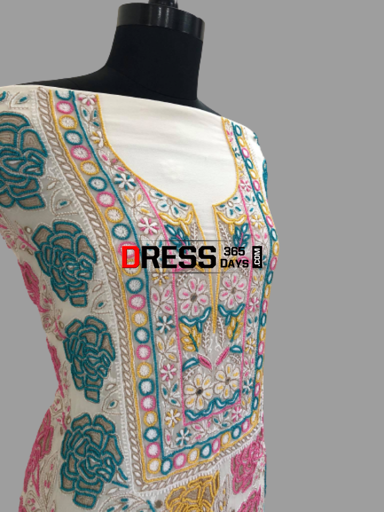 Hand Embroidered Multicolour Pearls Chikankari Suit Suits