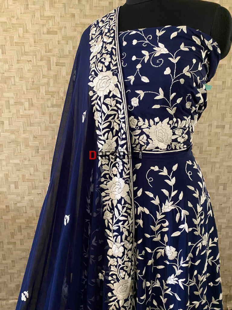 Hand Embroidered Parsi Gara Lehenga Set Chikankari