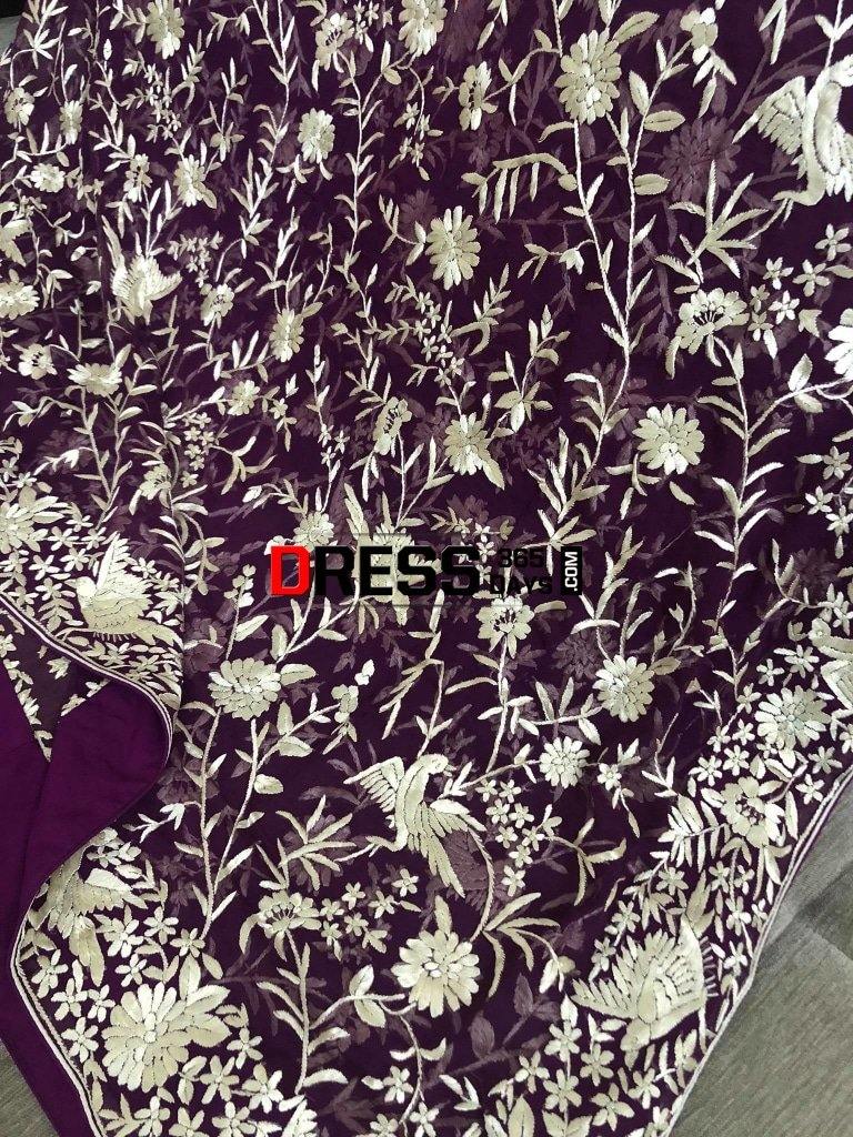 Hand Embroidered Purple Ivory Parsi Gara Dupatta
