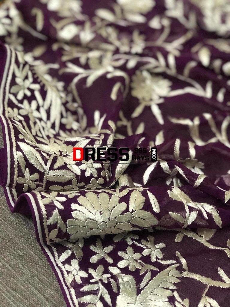 Hand Embroidered Purple Ivory Parsi Gara Dupatta