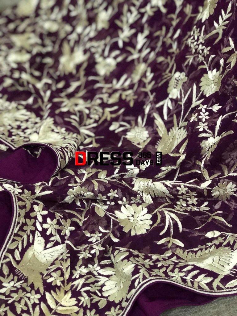 Hand Embroidered Purple Ivory Parsi Gara Dupatta