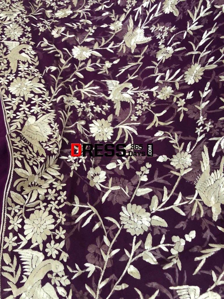 Hand Embroidered Purple Ivory Parsi Gara Dupatta