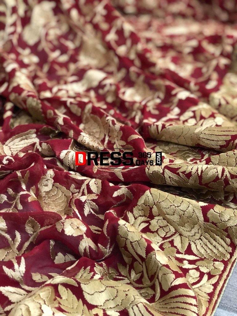 Hand Embroidered Red And Gold Parsi Gara Dupatta (Pure Georgette)