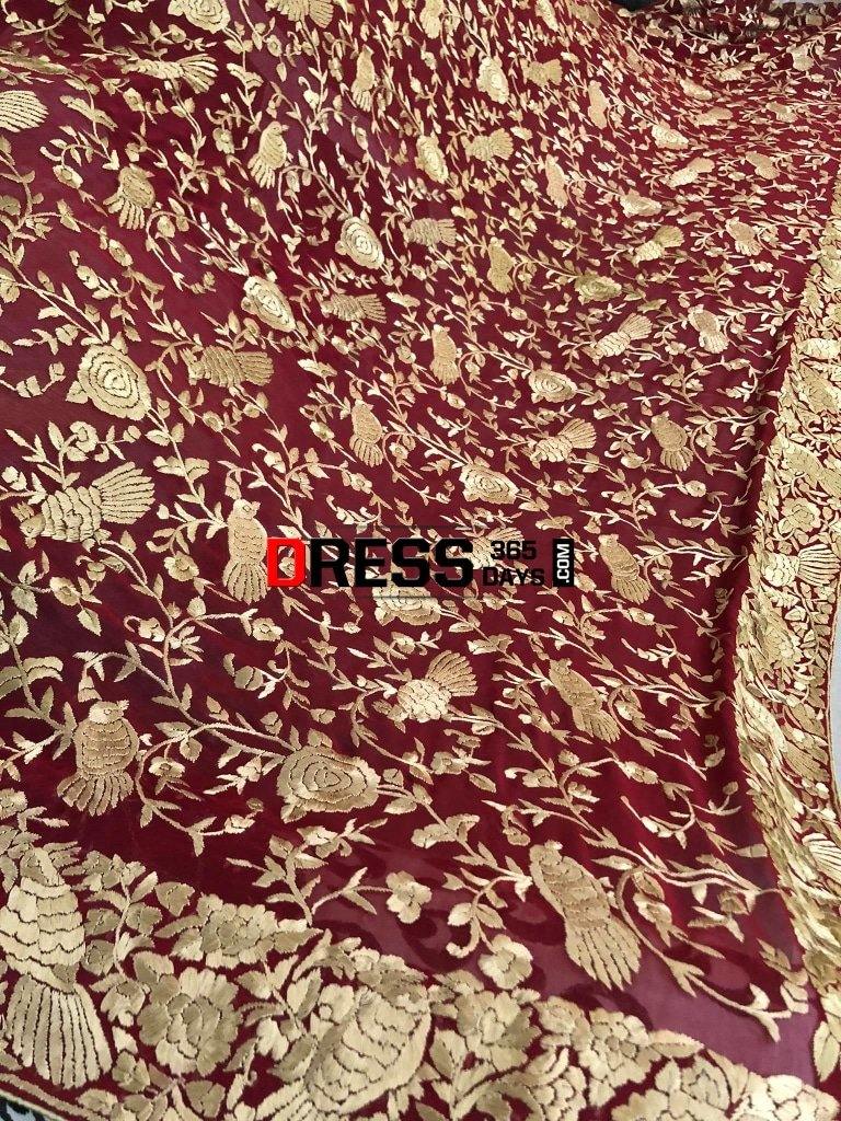 Hand Embroidered Red And Gold Parsi Gara Dupatta (Pure Georgette)