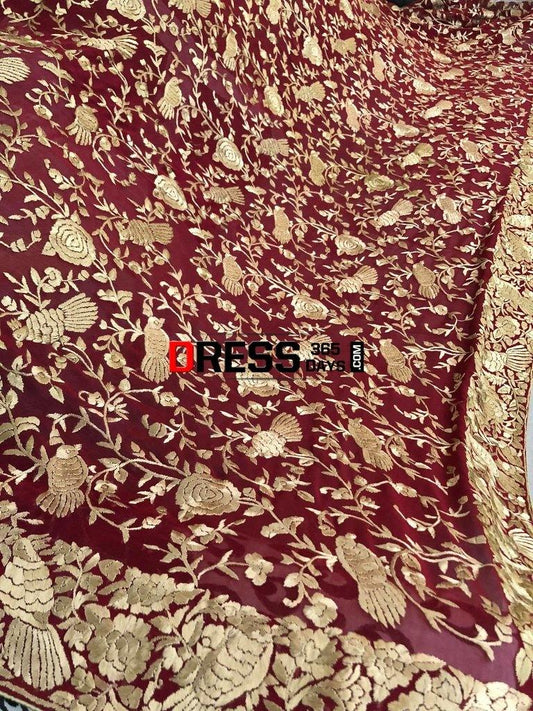 Hand Embroidered Red And Gold Parsi Gara Dupatta (Pure Georgette)