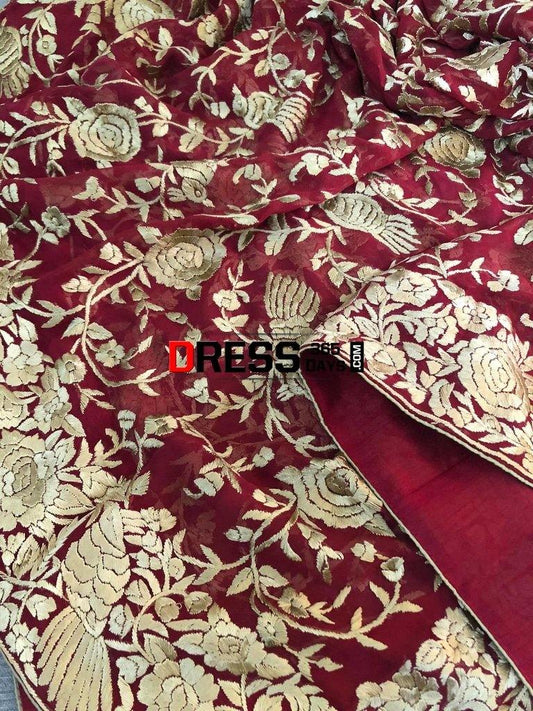 Hand Embroidered Red And Gold Parsi Gara Dupatta (Pure Georgette)