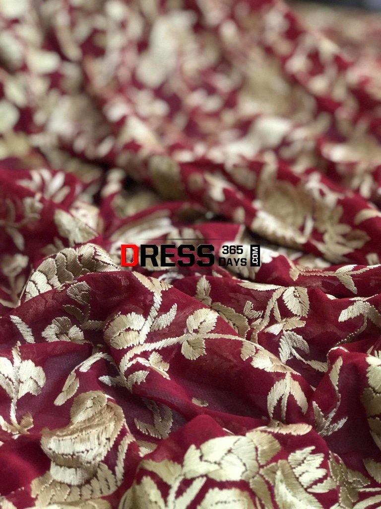 Hand Embroidered Red And Gold Parsi Gara Dupatta (Pure Georgette)